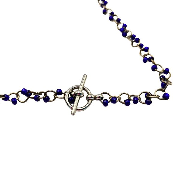 Vintage Womens Long Silver Tone Beaded Chain Link Necklace Blue Coastal Beach - Picture 4 of 5